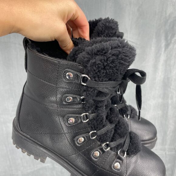 Nine West Vegan Boots Womens 8.5 Faux Fur Block Heel Black Lace Up - Picture 3 of 8